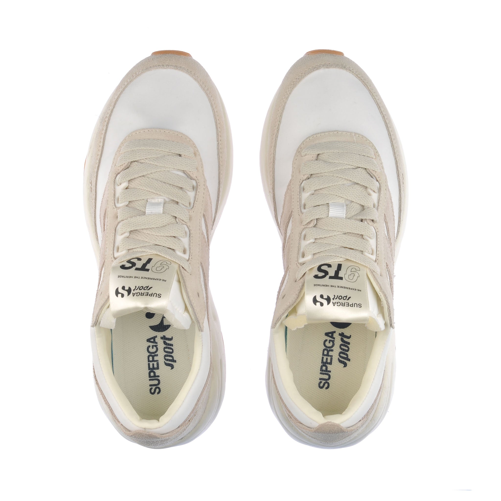 Superga 4089 Training 9Ts Slim Suede Sneakers - White Avorio Beige Lt Gum. Top view.