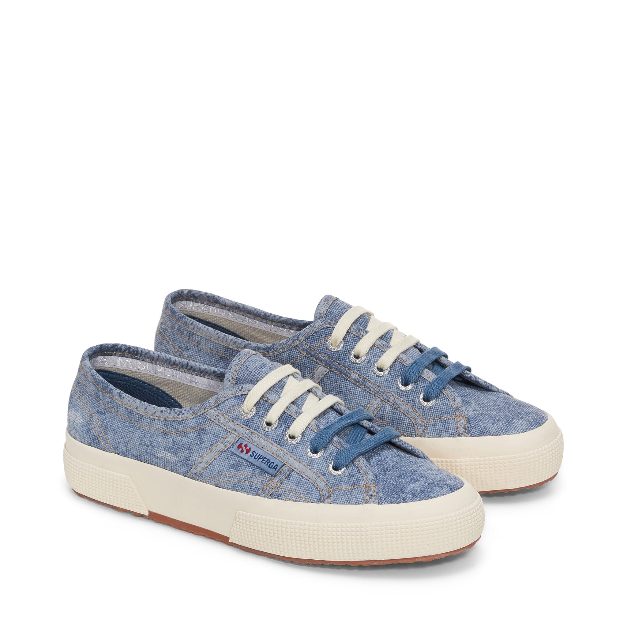 Superga 2750 Cotton Denim Destroyed Sneakers - Blue Dusty Beige Gardenia. Front view.