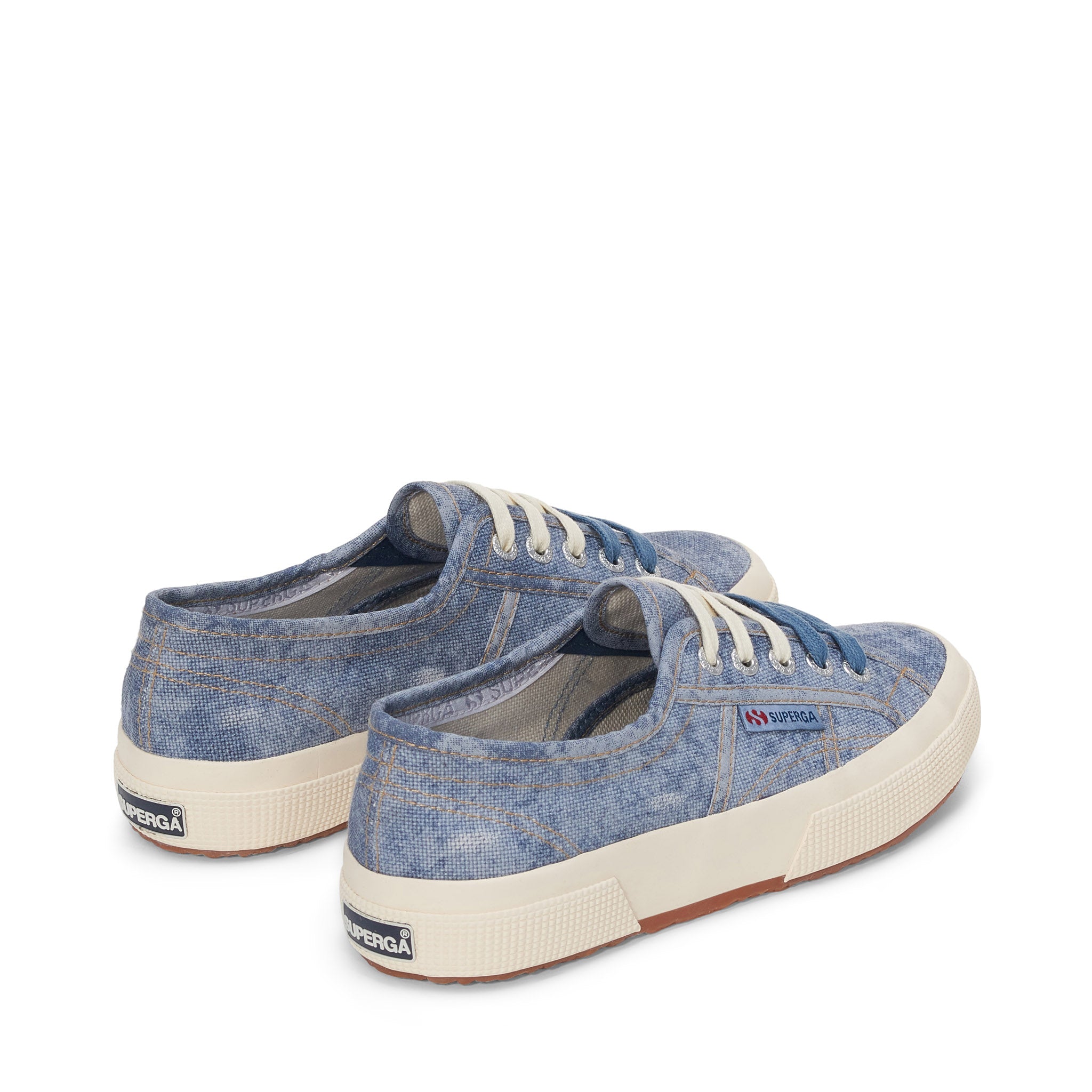 Superga 2750 Cotton Denim Destroyed Sneakers - Blue Dusty Beige Gardenia. Back view.