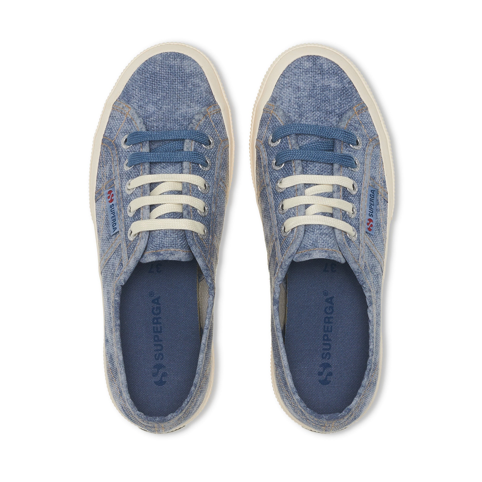 Superga 2750 Cotton Denim Destroyed Sneakers - Blue Dusty Beige Gardenia. Top view.