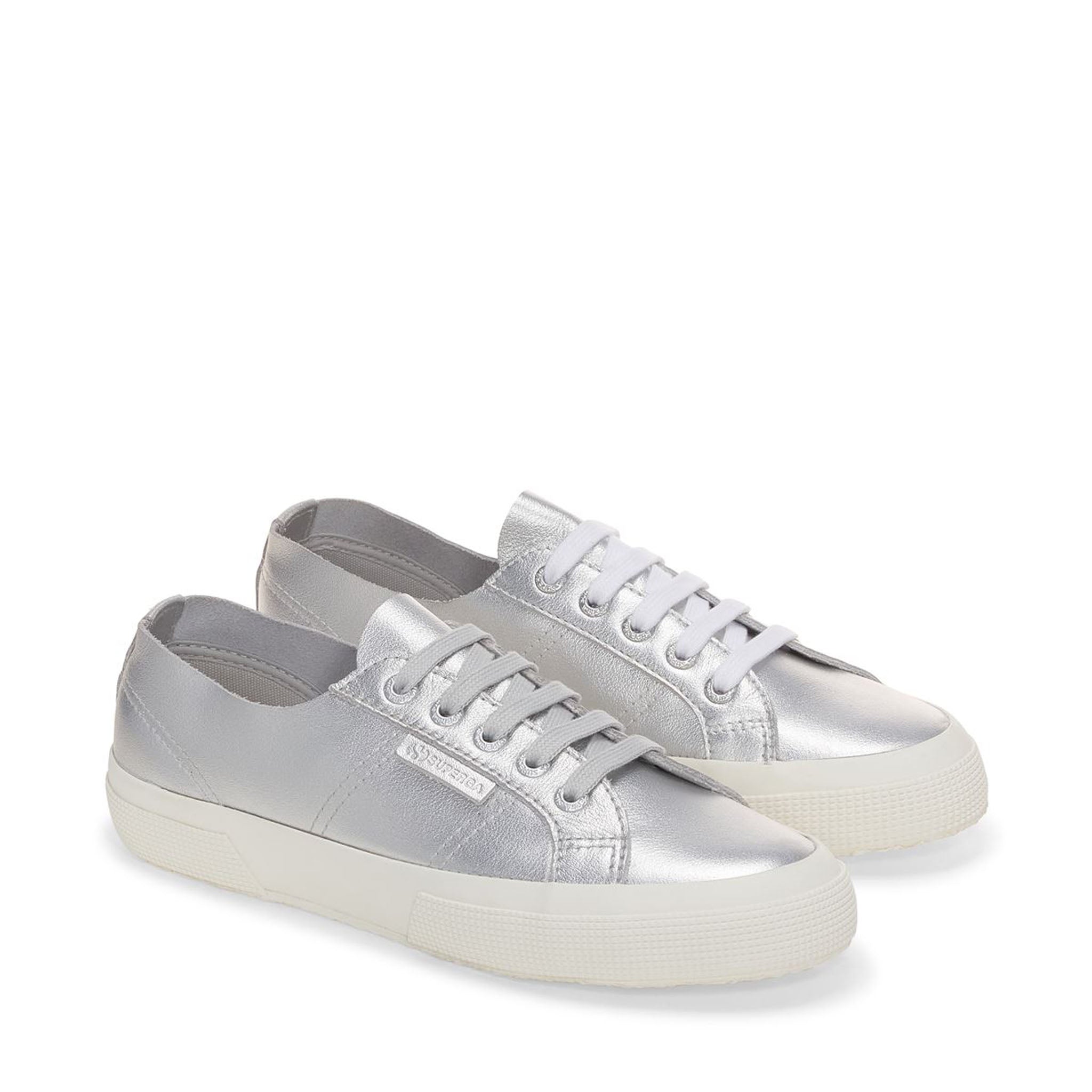 Superga 2750 Metallic Nappa Sneakers - Grey Silver Avorio. Front view.