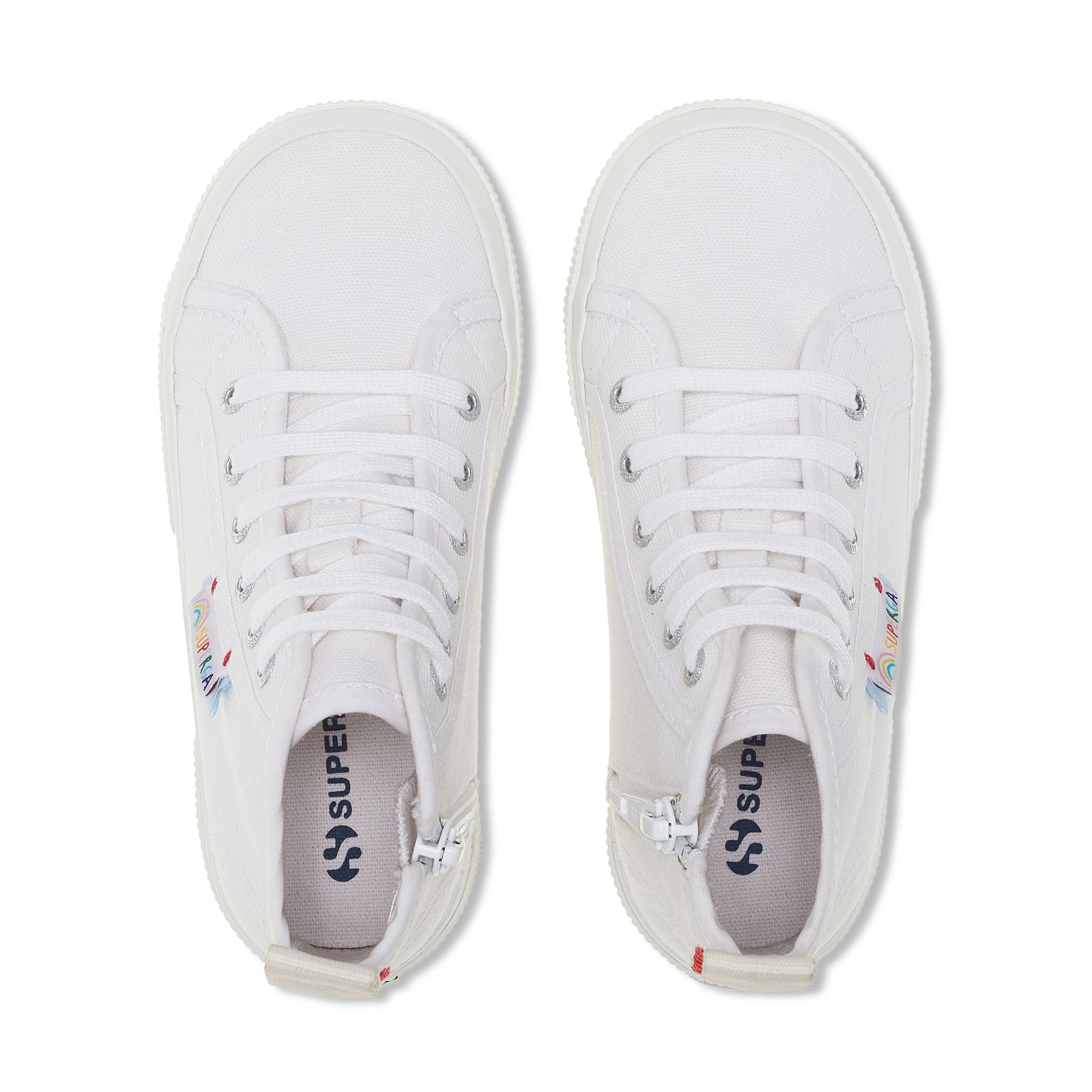 Superga 2709 Kids Funny Label Sneakers - White Multicolor Label Rainbow. Top view.
