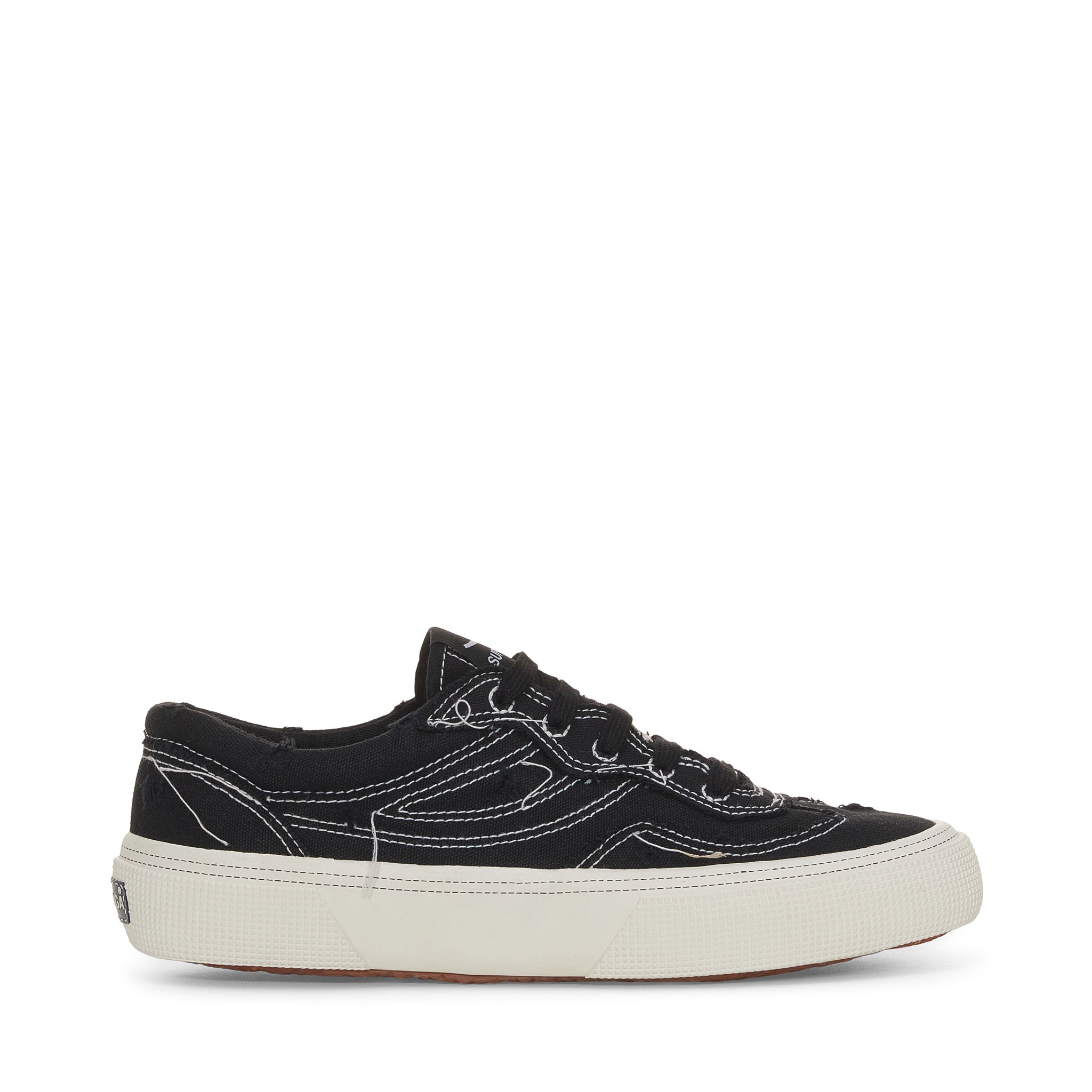 Superga 2941 Revolley Distressed Stone Washed Sneakers - Black White Avorio. Side view.