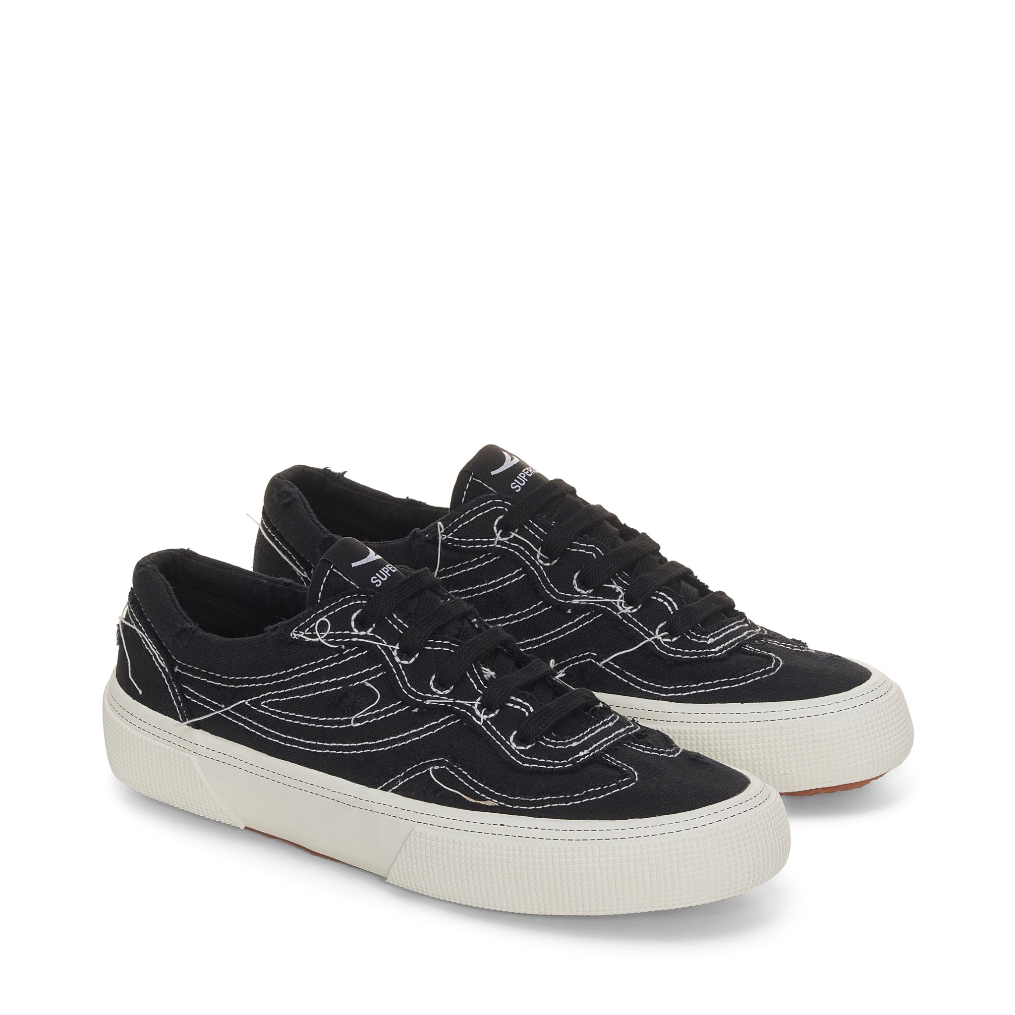 Superga 2941 Revolley Distressed Stone Washed Sneakers - Black White Avorio. Front view.