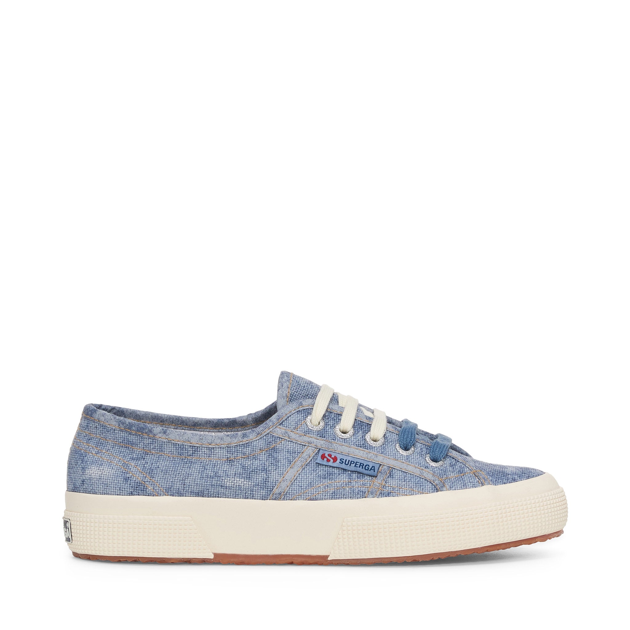 Superga 2750 Cotton Denim Destroyed Sneakers - Blue Dusty Beige Gardenia. Side view.