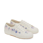 Superga 2750 Organic Flowers Embroidery Sneakers - White Avorio Blue Pink. Front view.