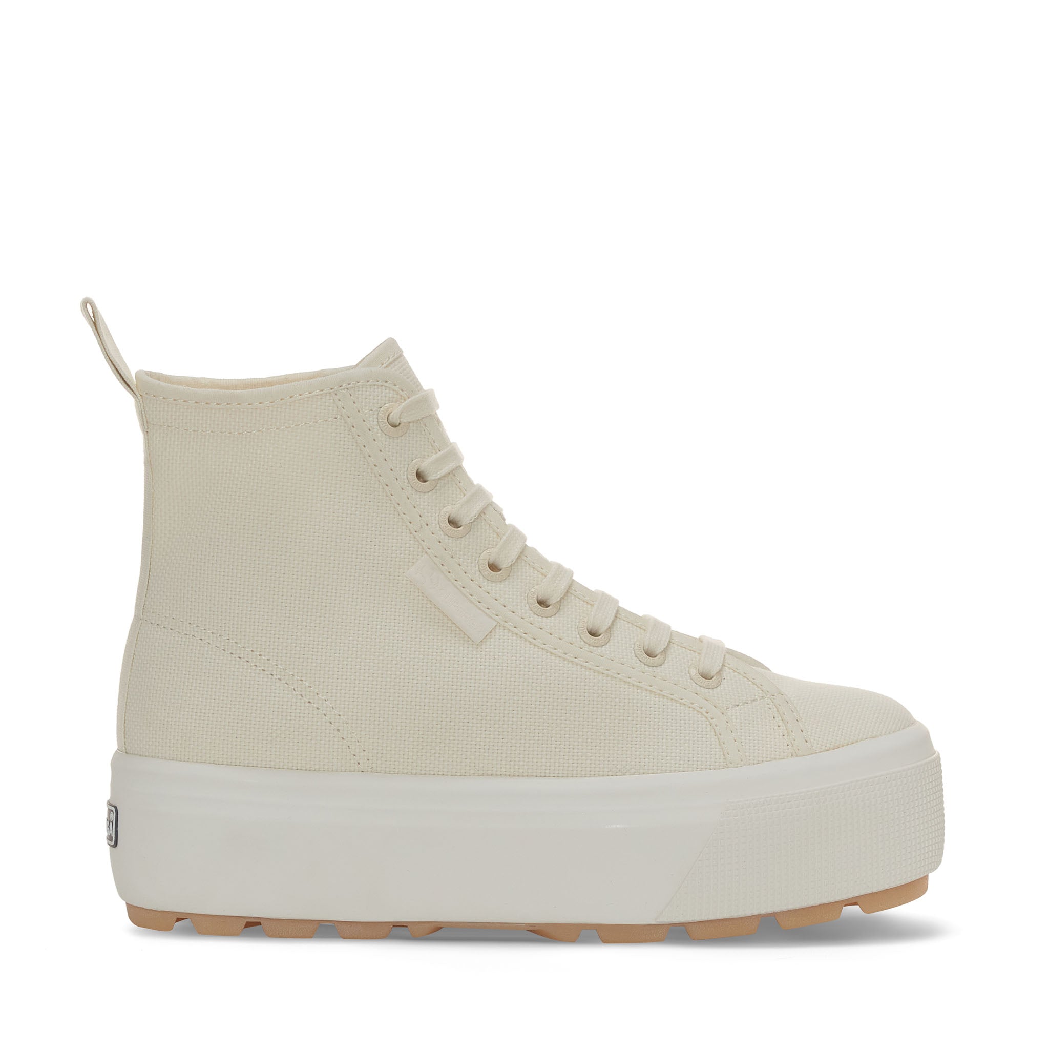 Superga 2708 High Top Tank Sneakers - Beige Natural Avorio Pearl Gum. Side view.