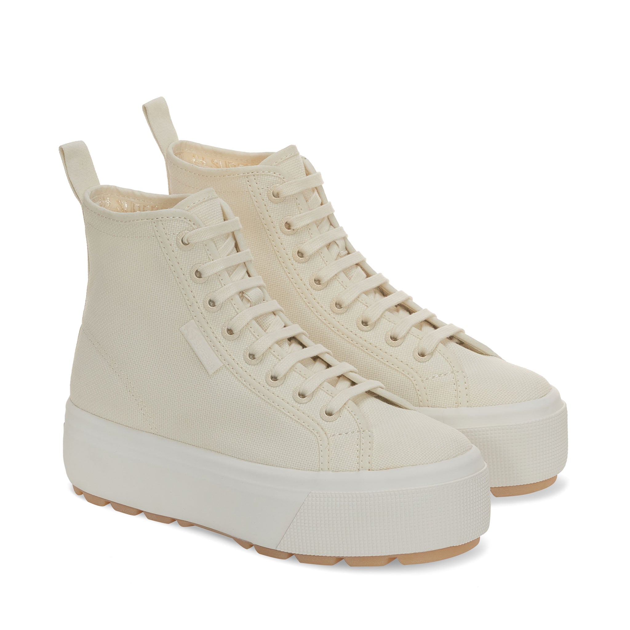 Superga 2708 High Top Tank Sneakers - Beige Natural Avorio Pearl Gum. Front view.