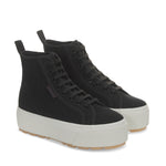 Superga 2708 High Top Tank Sneakers - Black Bristol Avorio Pearl Gum. Front view.