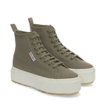 Superga 2708 High Top Tank Sneakers - Green Safari Avorio Milky. Front view.