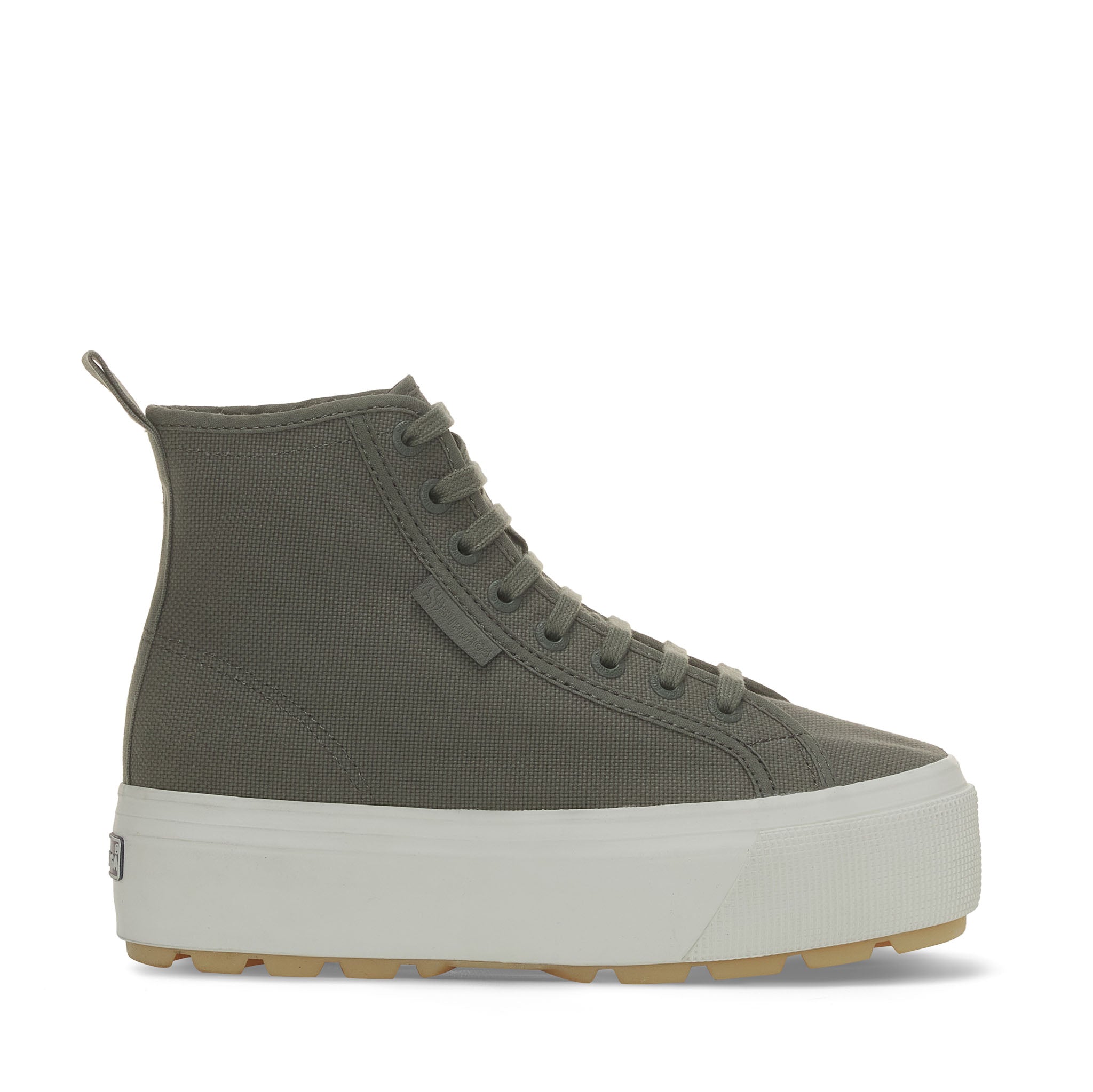 Superga 2708 High Top Tank Sneakers - Grey Greenish Avorio Pearl Gum. Side view.