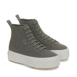 Superga 2708 High Top Tank Sneakers - Grey Greenish Avorio Pearl Gum. Front view.