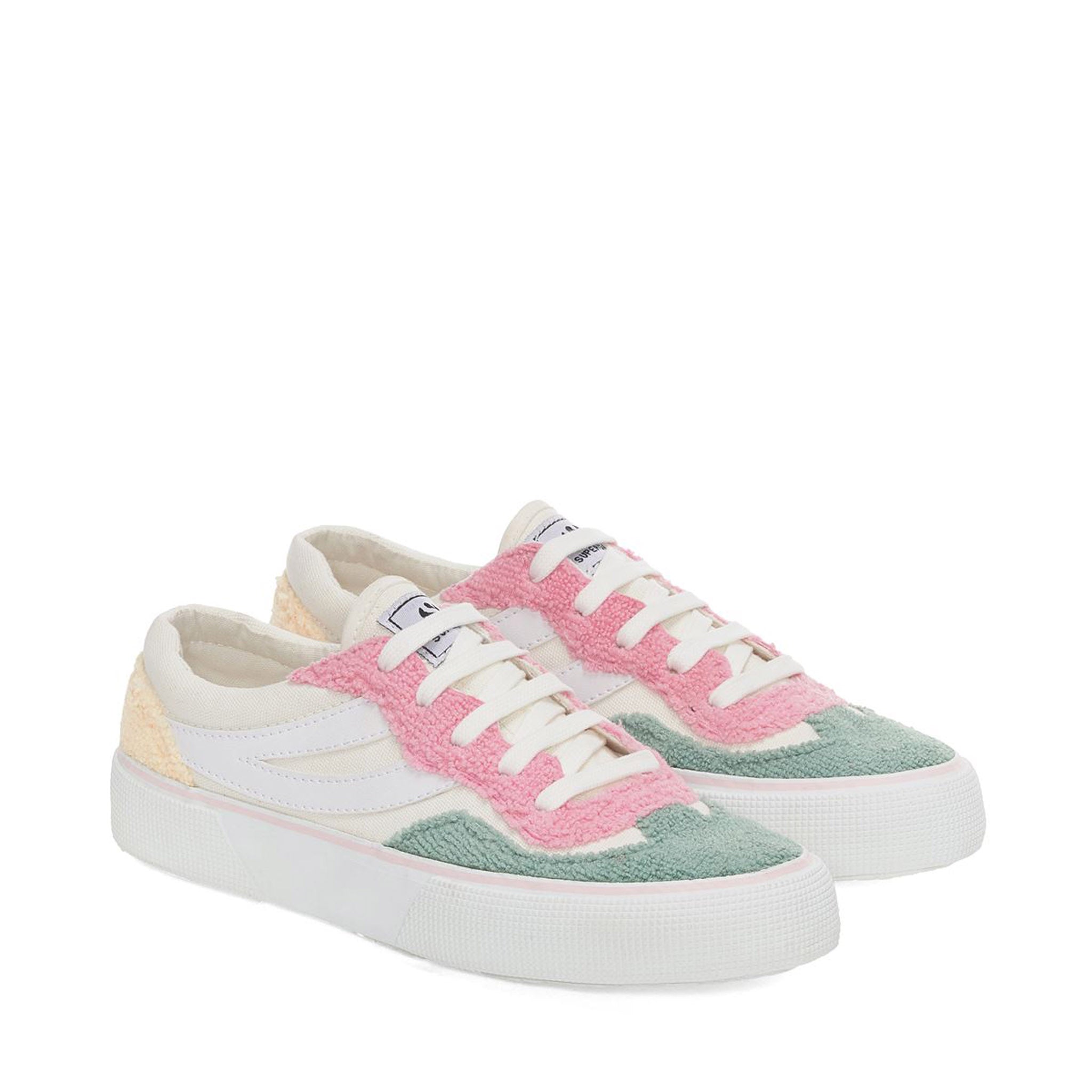 Superga 2941 Revolley Terry Cloth Sneakers - Pink White Icing Green Sage. Front view.