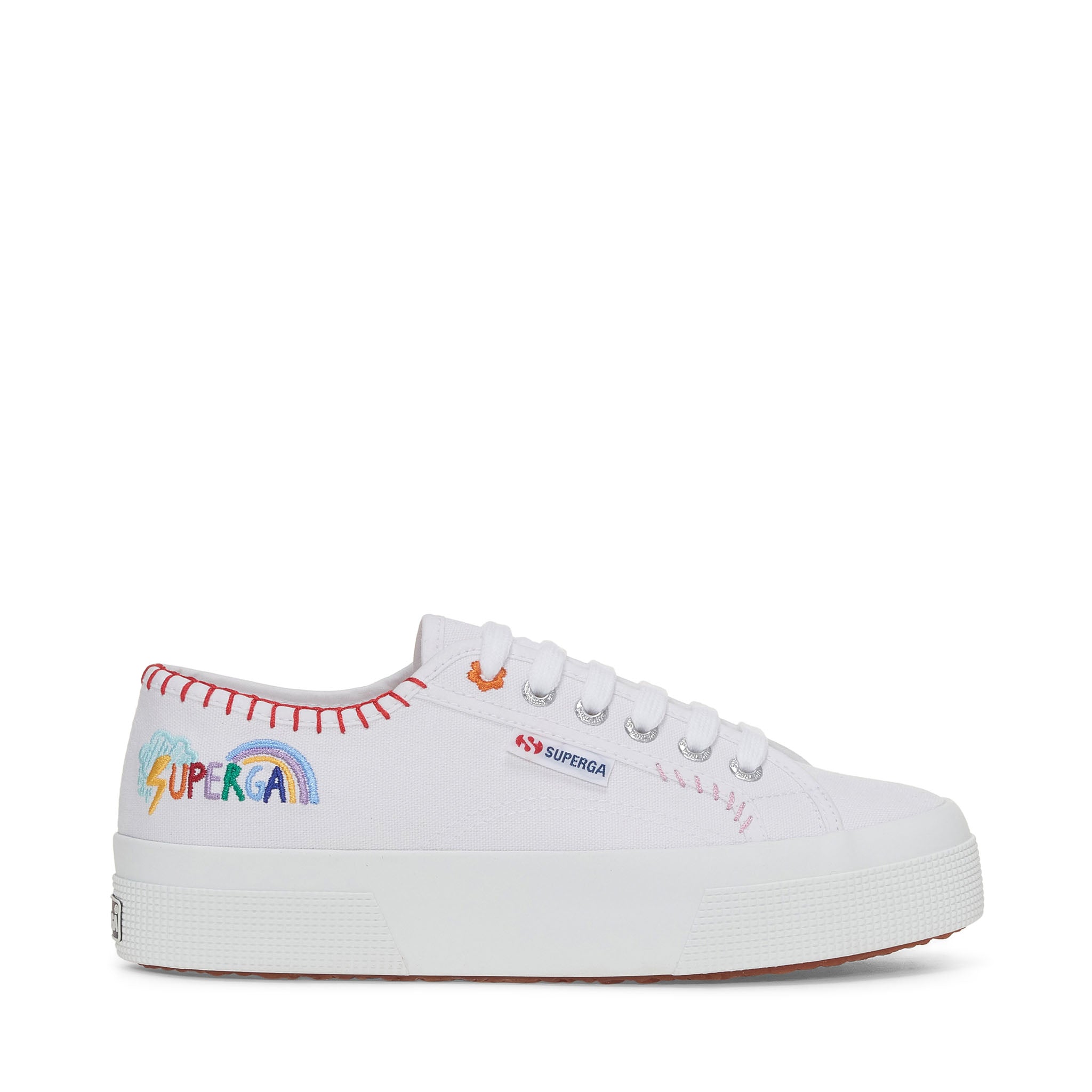 Superga 2740 Happy Logo Sneakers - White Multicolor Embroidery Logo. Side view.