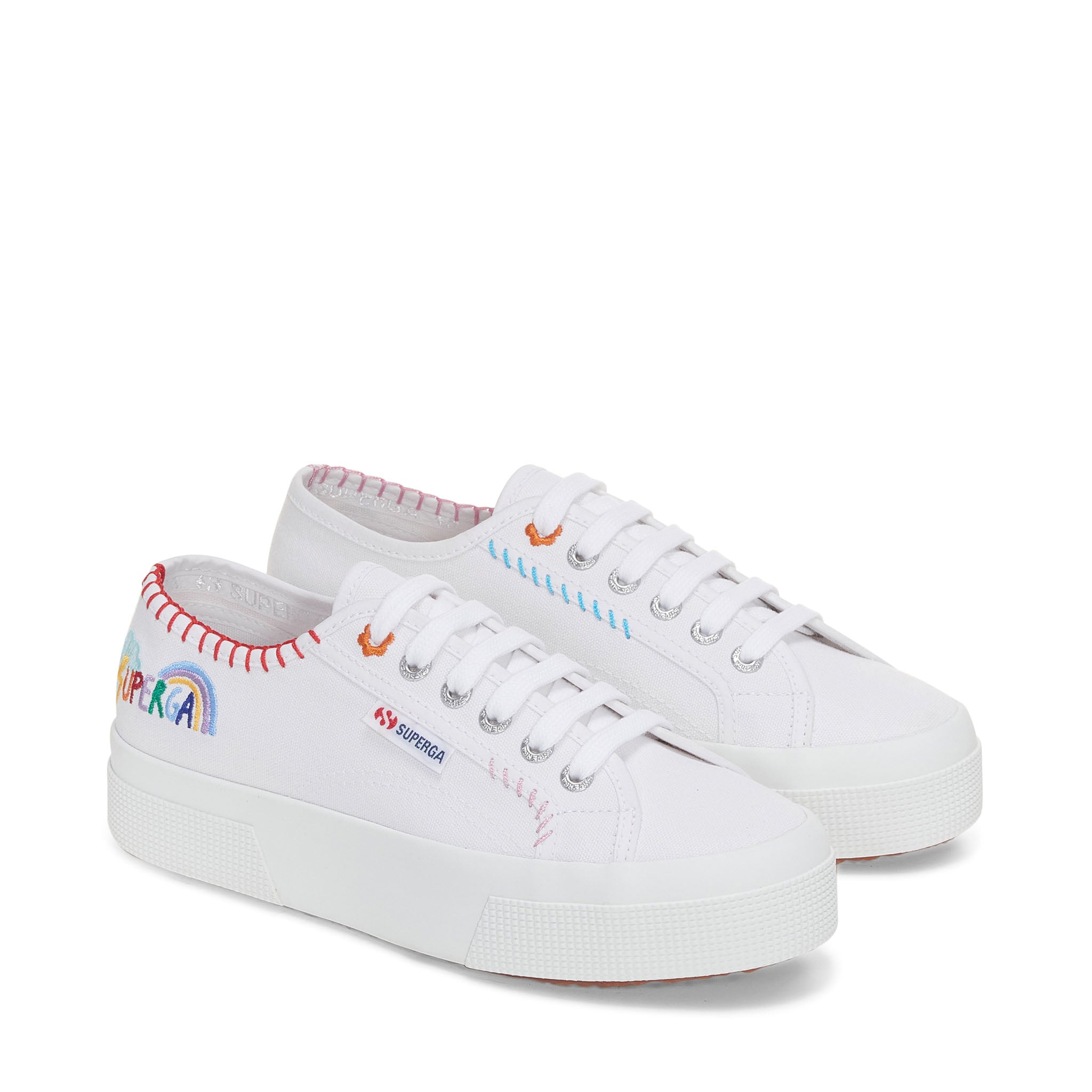 Superga 2740 Happy Logo Sneakers - White Multicolor Embroidery Logo. Front view.