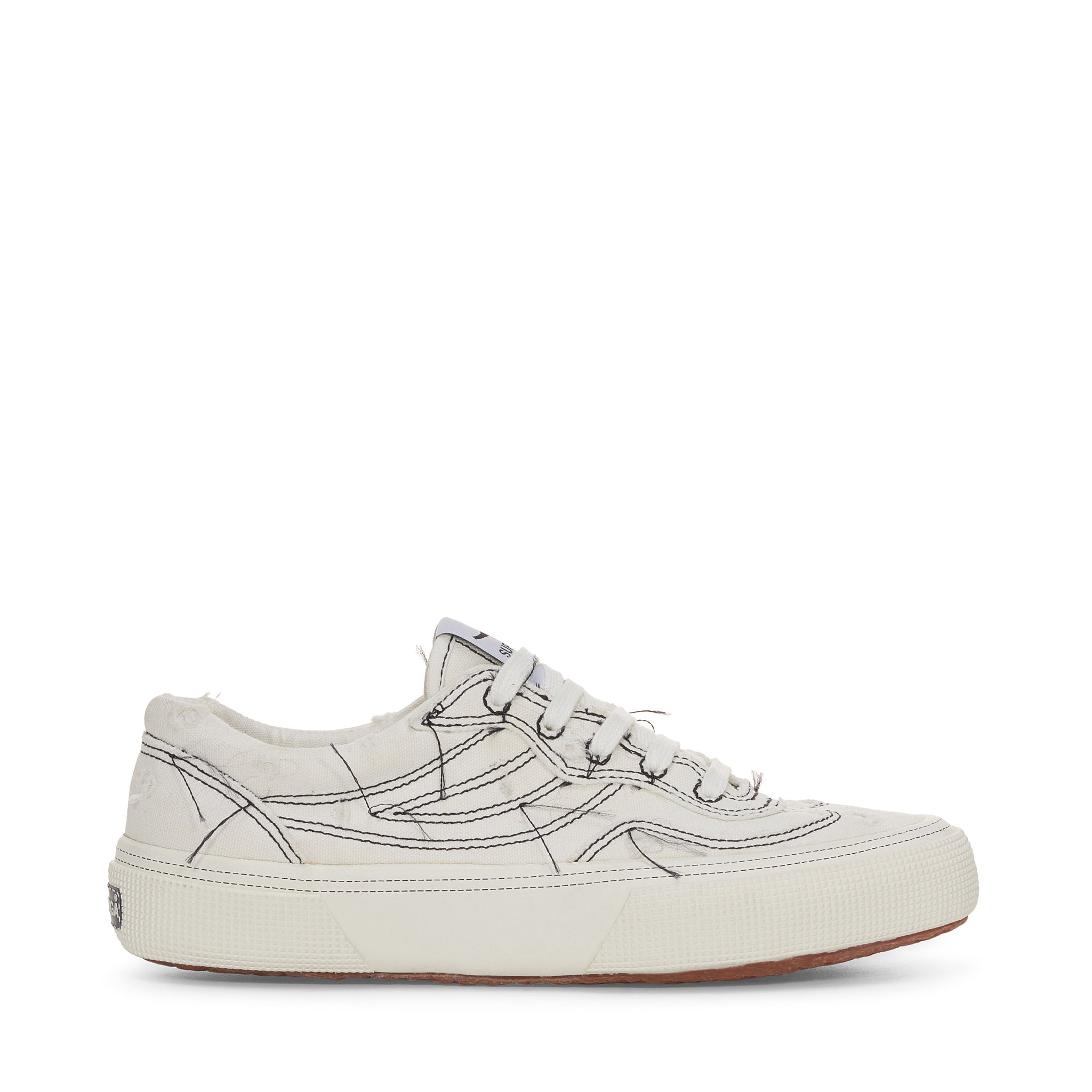 Superga 2941 Revolley Distressed Stone Washed Sneakers - White Avorio Black. Side view.