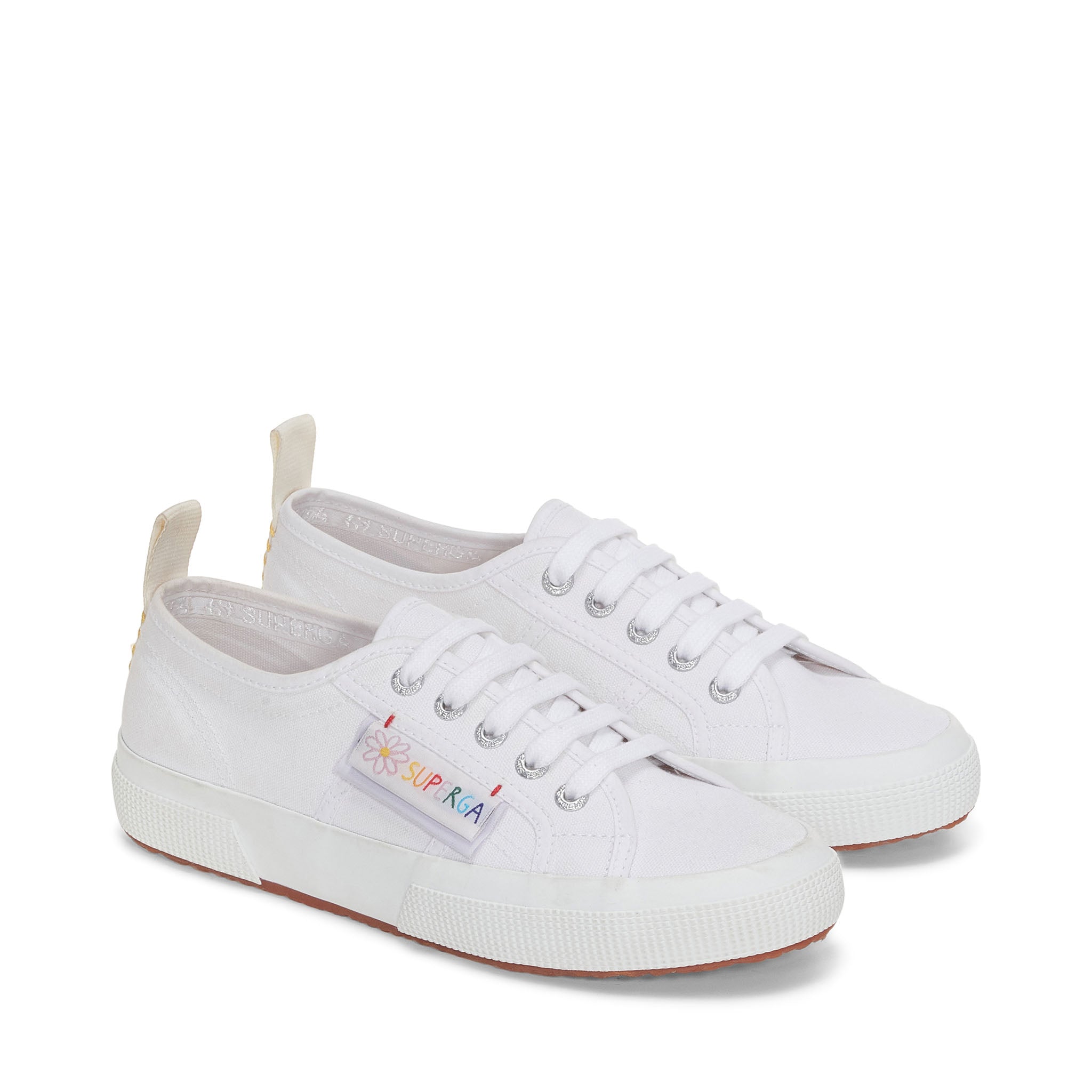 Superga 2750 Happy Label Sneakers - White Multicolor Flower Label. Front view.