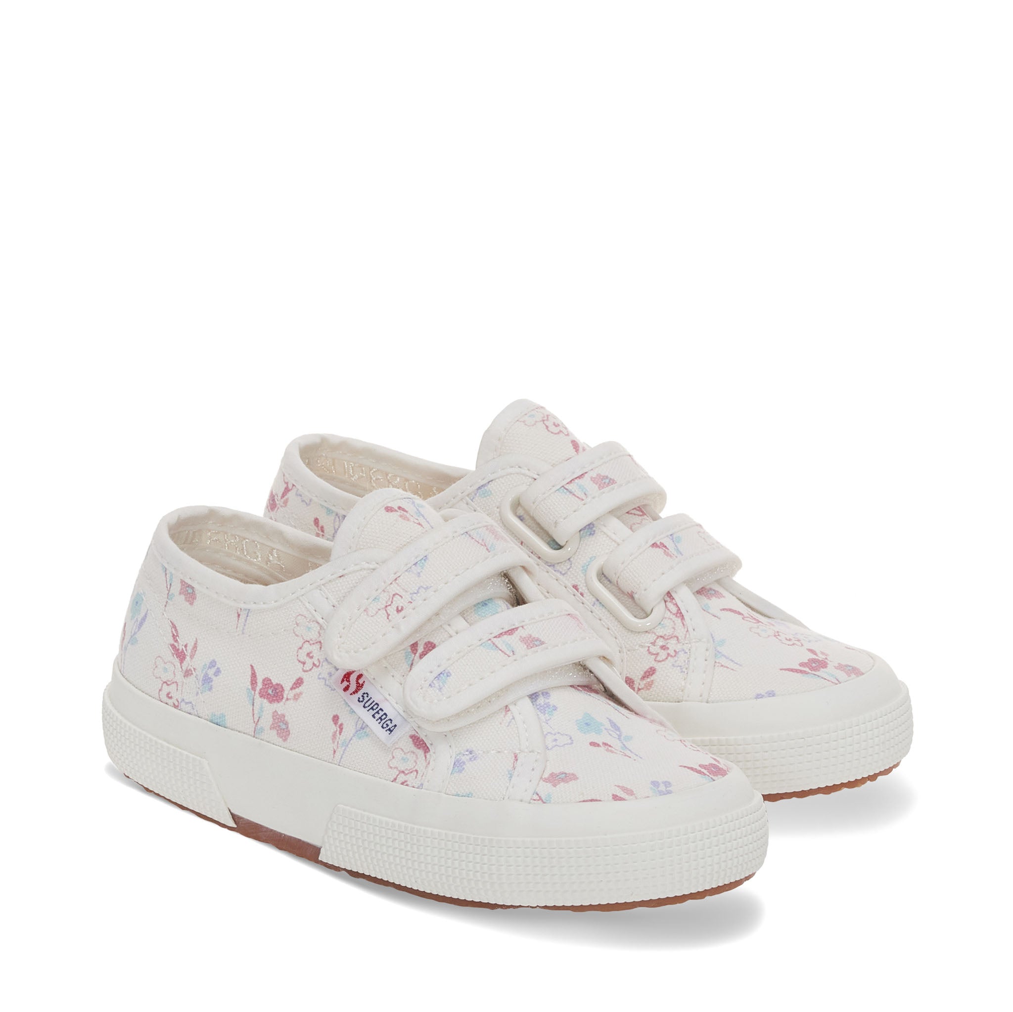 Superga 2750 Kids Straps Flowers Sneakers - White Floral. Front view.