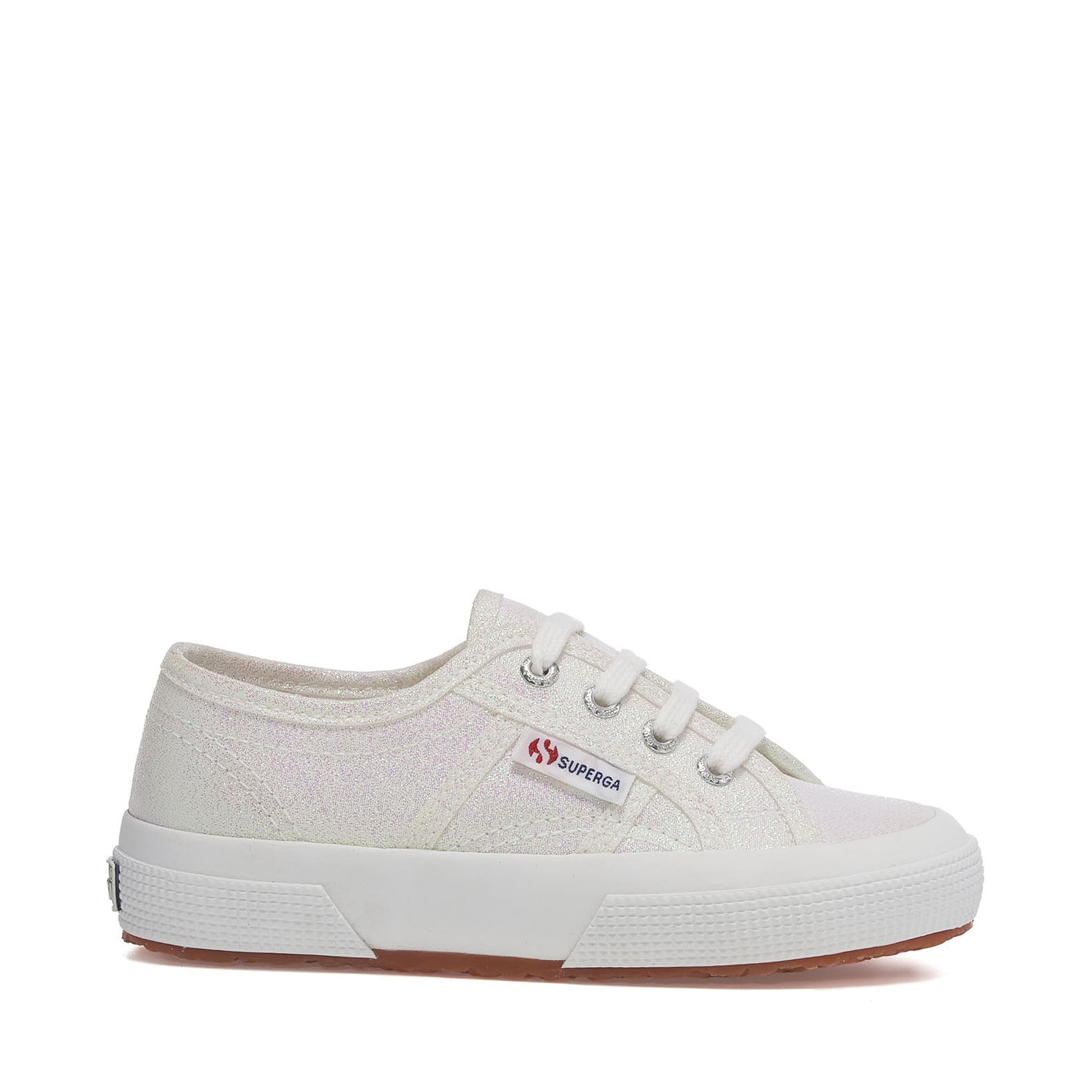 Superga 2750 Kids Lam√© Sneakers - Iridescent White. Side view.